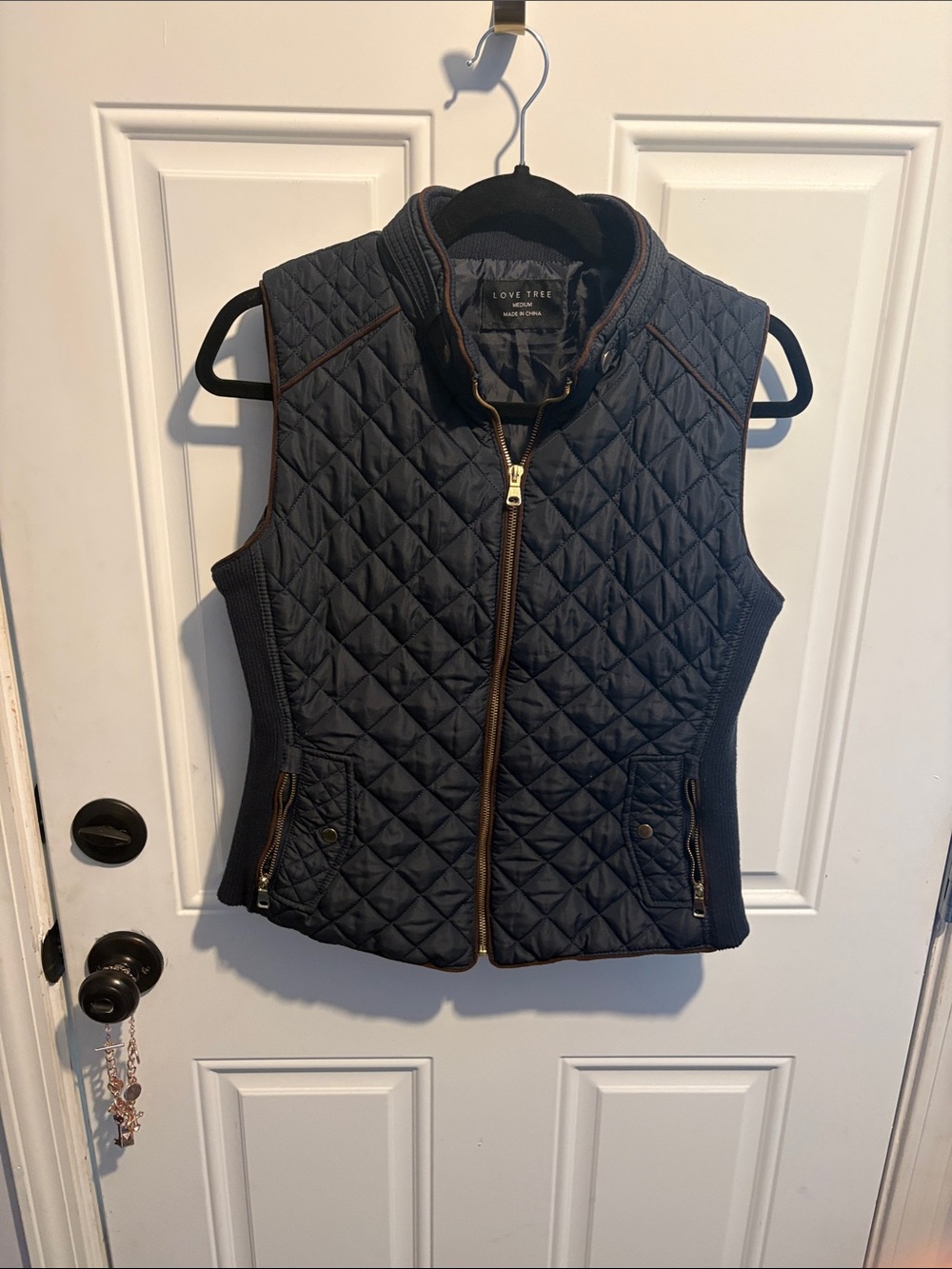 Love Tree Navy Quilted Vest with Brown Trim